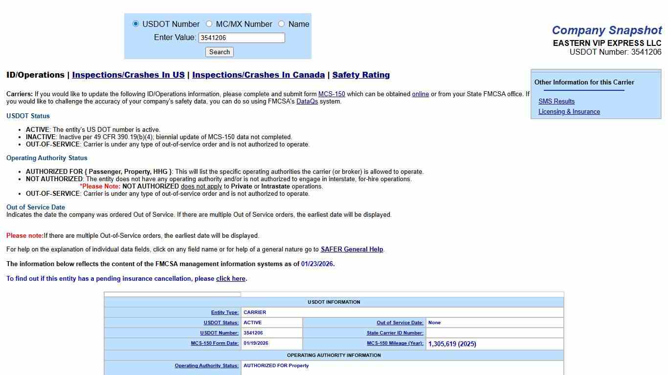 SAFER Web - Company Snapshot EASTERN VIP EXPRESS LLC